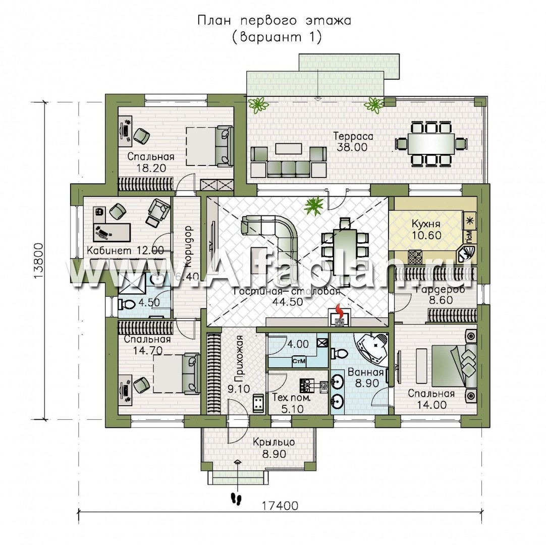 Проекты домов Альфаплан - «Аризона» - уютный одноэтажный дом с террасой - изображение плана проекта №1