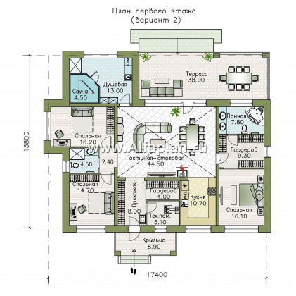 Проекты домов Альфаплан - «Аризона» - уютный одноэтажный дом с террасой - превью плана проекта №2