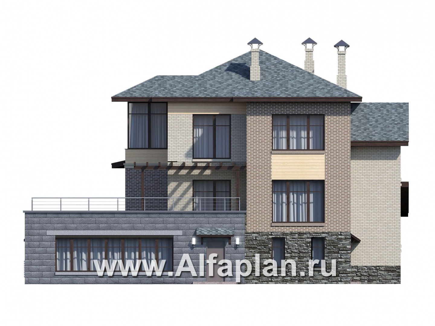 Проекты домов Альфаплан - «Амур» - трехэтажный особняк с гаражом и бассейном - изображение фасада №3
