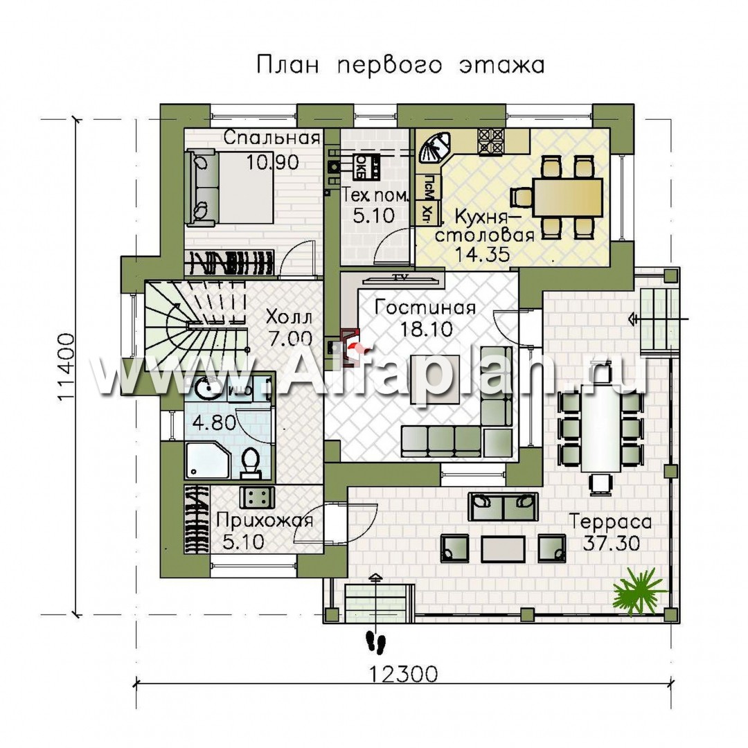 Проекты домов Альфаплан - «Квантум» - двухэтажный дом с большой террасой,  с комнатой на 1-ом этаже - план проекта №1