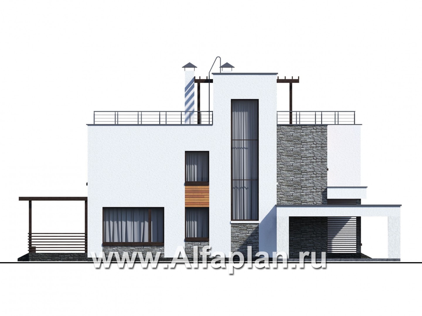 Проекты домов Альфаплан - «Золотой ключик» — современный дом с плоской эксплуатируемой кровлей и гаражом-навесом - изображение фасада №2