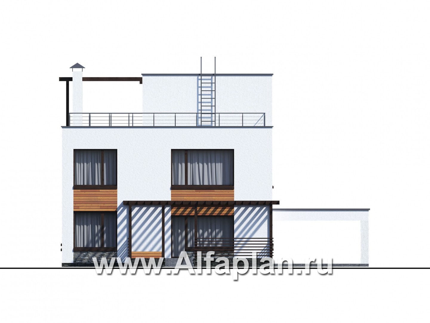 Проекты домов Альфаплан - «Золотой ключик» — современный дом с плоской эксплуатируемой кровлей и гаражом-навесом - изображение фасада №4