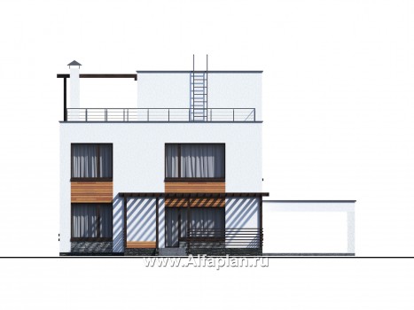 Проекты домов Альфаплан - «Золотой ключик» — современный дом с плоской эксплуатируемой кровлей и гаражом-навесом - превью фасада №4