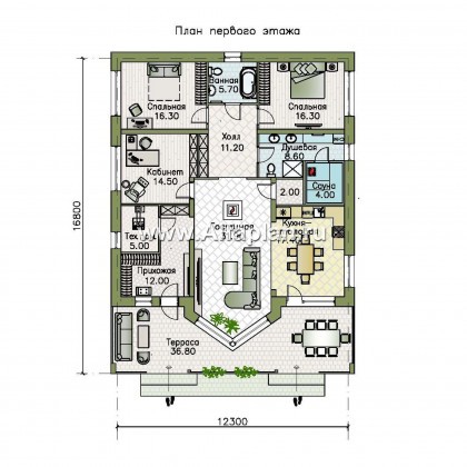 Проекты домов Альфаплан - «Вектор Плюс» - одноэтажный дом с тремя спальнями, террасой и сауной - превью плана проекта №1