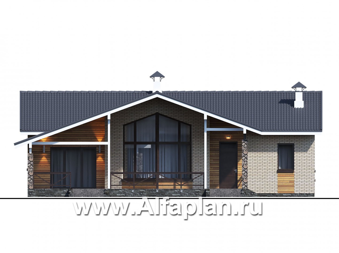 Проекты домов Альфаплан - «Вектор» - одноэтажный дом с большим остеклением гостиной - изображение фасада №1