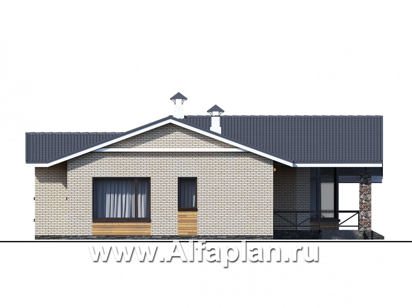 Проекты домов Альфаплан - «Вектор» - одноэтажный дом с большим остеклением гостиной - изображение фасада №4