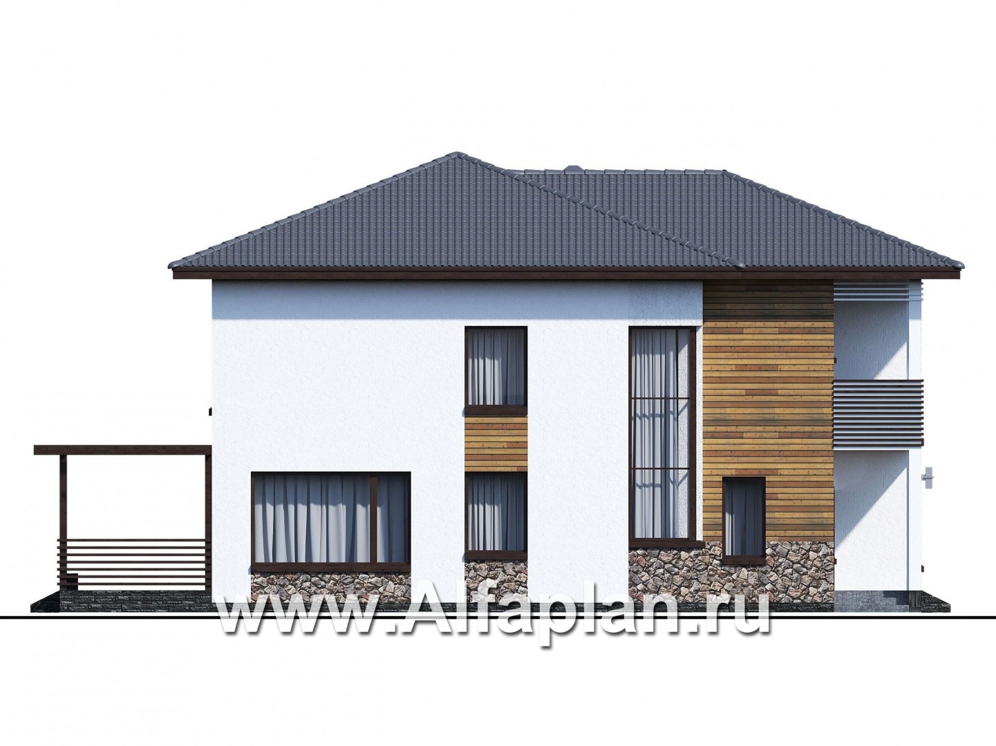 Проекты домов Альфаплан - "Золотой ключик" - план дома, где все спальни с душевыми - изображение фасада №2