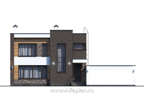 Проекты домов Альфаплан - «Эрго» - проект двухэтажного дома с плоской кровлей 10х10м, с гаражом-навесом - превью фасада №1