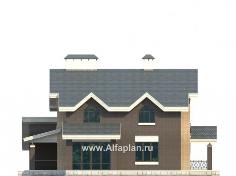 Проект дома с мансардой, план с эркером и с террасой, с гаражом и с сауной в цокольном этаже - превью фасада дома