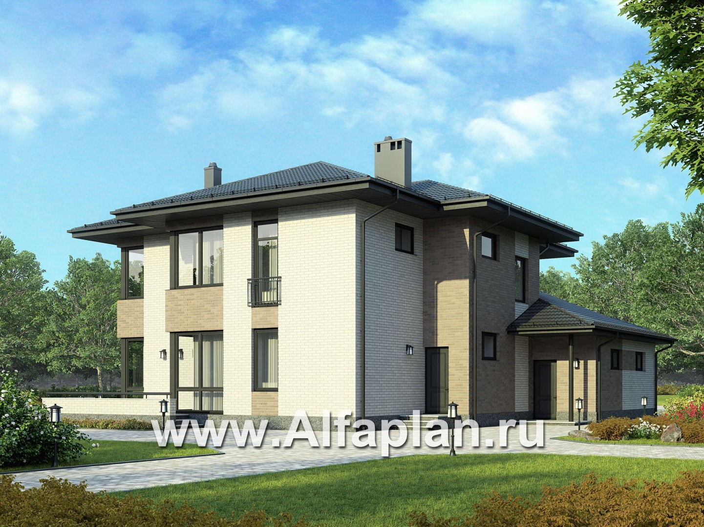 Проекты домов Альфаплан - Проект двухэтажного  дома с угловым остеклением - дополнительное изображение №2