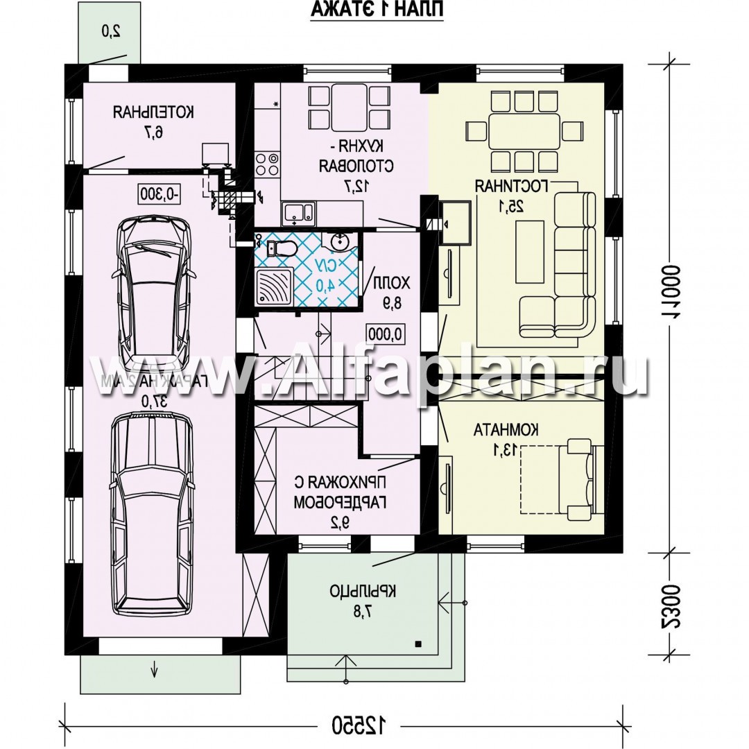 Проекты домов Альфаплан - Проект двухэтажного загородного дома с гаражом - план проекта №1