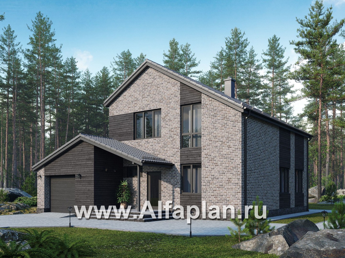 Проекты домов Альфаплан - Проект двухэтажного загородного дома с гаражом - основное изображение