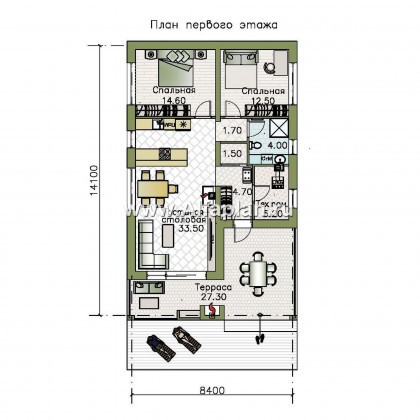 Проекты домов Альфаплан - «Мелета» - уютный одноэтажный дом с террасой - превью плана проекта №1