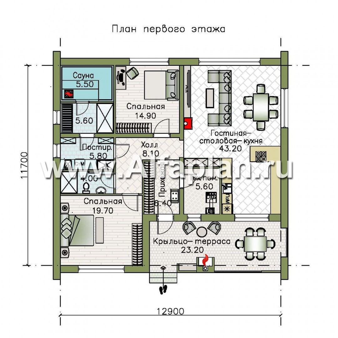Проекты домов Альфаплан - «Веда» - проект одноэтажного дома с сауной в стиле барн - изображение плана проекта №1