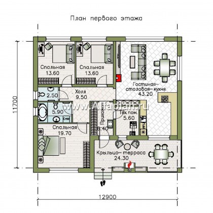 Проекты домов Альфаплан - «Веда» - проект одноэтажного дома с двускатной кровлей (три спальни) - превью плана проекта №1