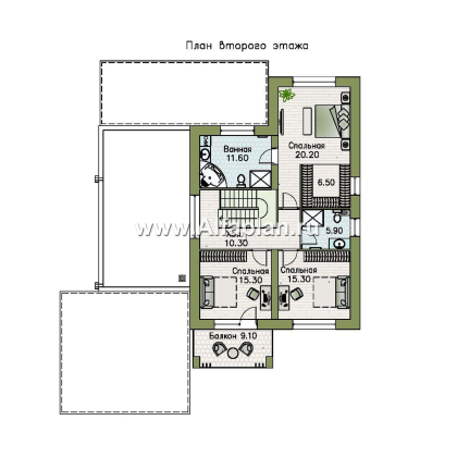 Проекты домов Альфаплан - «Футура» - современный двухэтажный дом с плоской кровлей и гаражом-навесом - превью плана проекта №2
