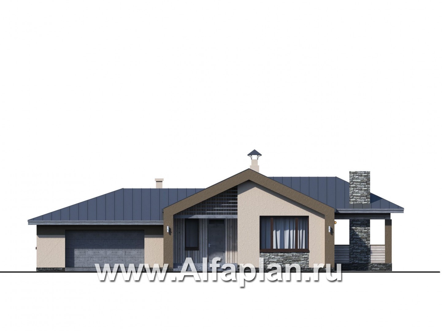 Проекты домов Альфаплан - «Аркада» - современный одноэтажный дом с террасой и большим гаражом - изображение фасада №1