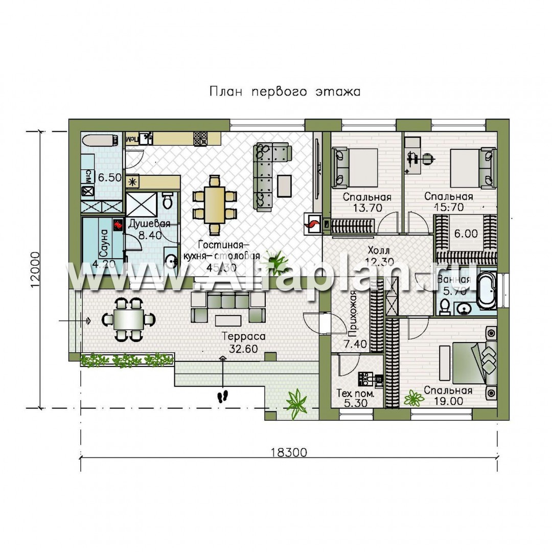 Проекты домов Альфаплан - «Алазея» - просторный одноэтажный дом с сауной и террасой - изображение плана проекта №1
