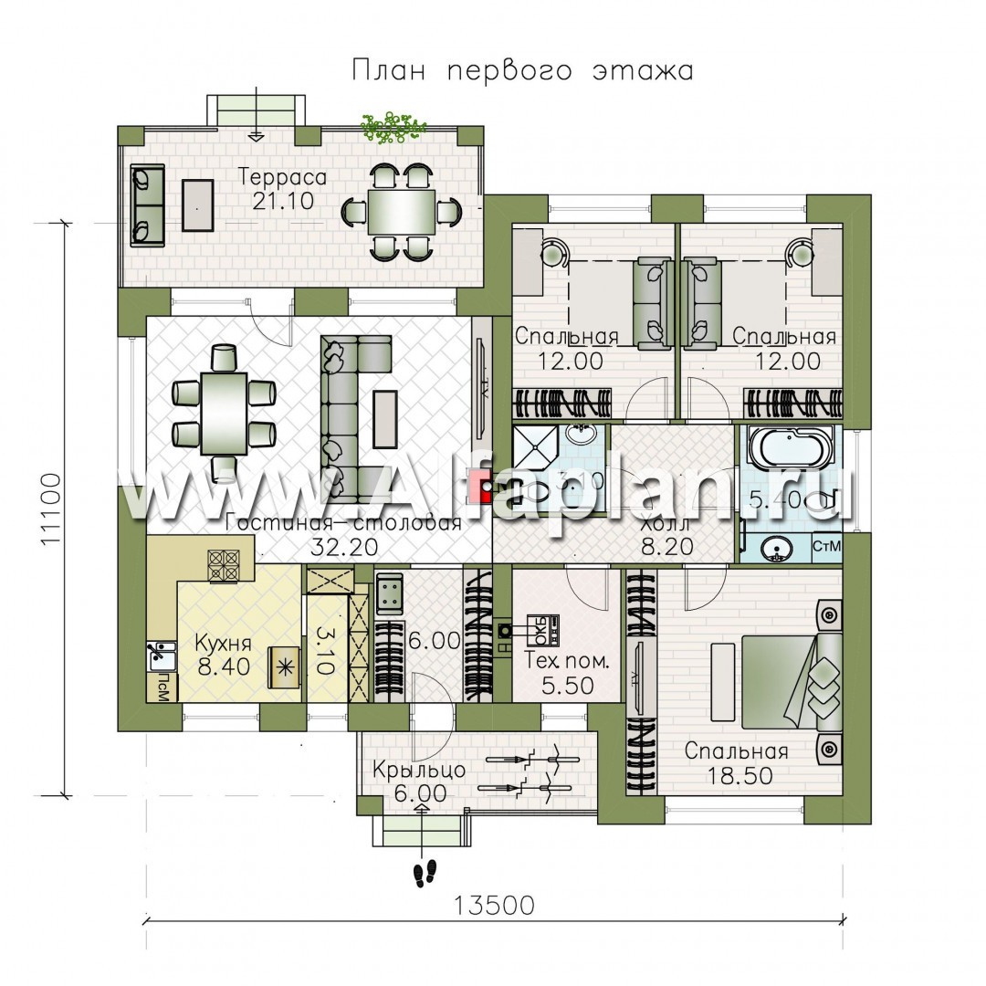 Проекты домов Альфаплан - «Бенуа» - стильный коттедж с плоской кровлей - план проекта №1