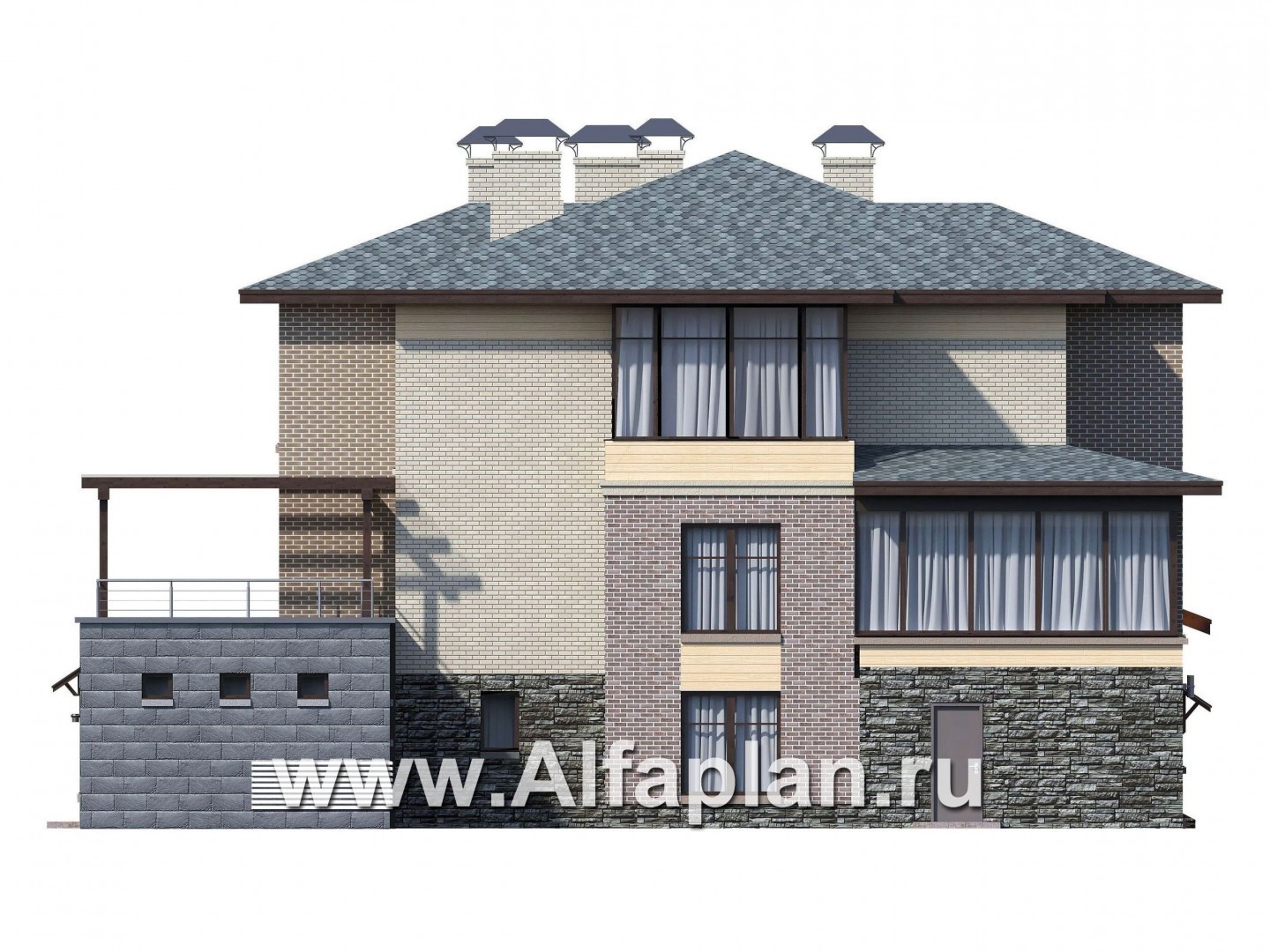 Проекты домов Альфаплан - «Амур» - трехэтажный особняк с гаражом и бассейном - изображение фасада №4