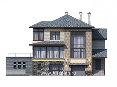 Проекты домов Альфаплан - «Амур» - трехэтажный особняк с гаражом и бассейном - превью фасада №1