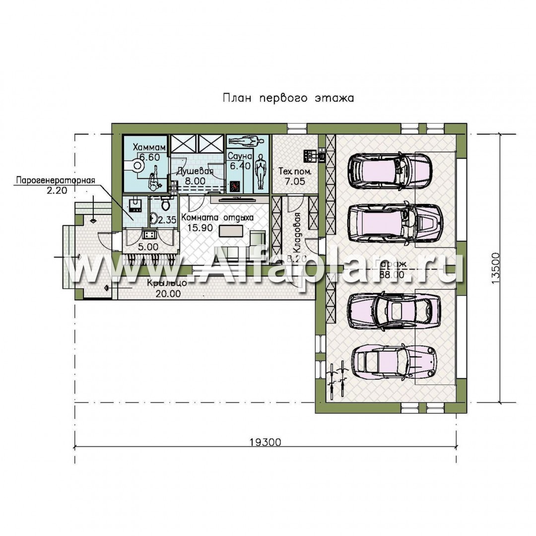 Проекты домов Альфаплан - Гараж на 4 авто и спа с сауной и хамам - изображение плана проекта №1