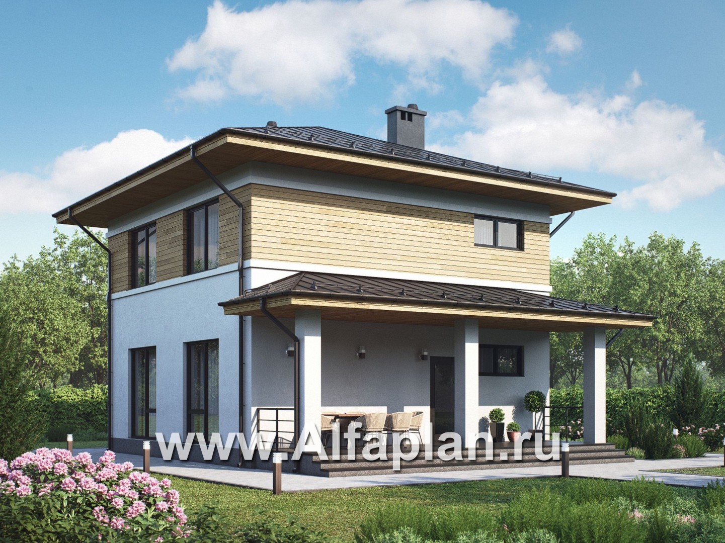 Проекты домов Альфаплан - Проект  двухэтажного дома с компактным планом - основное изображение