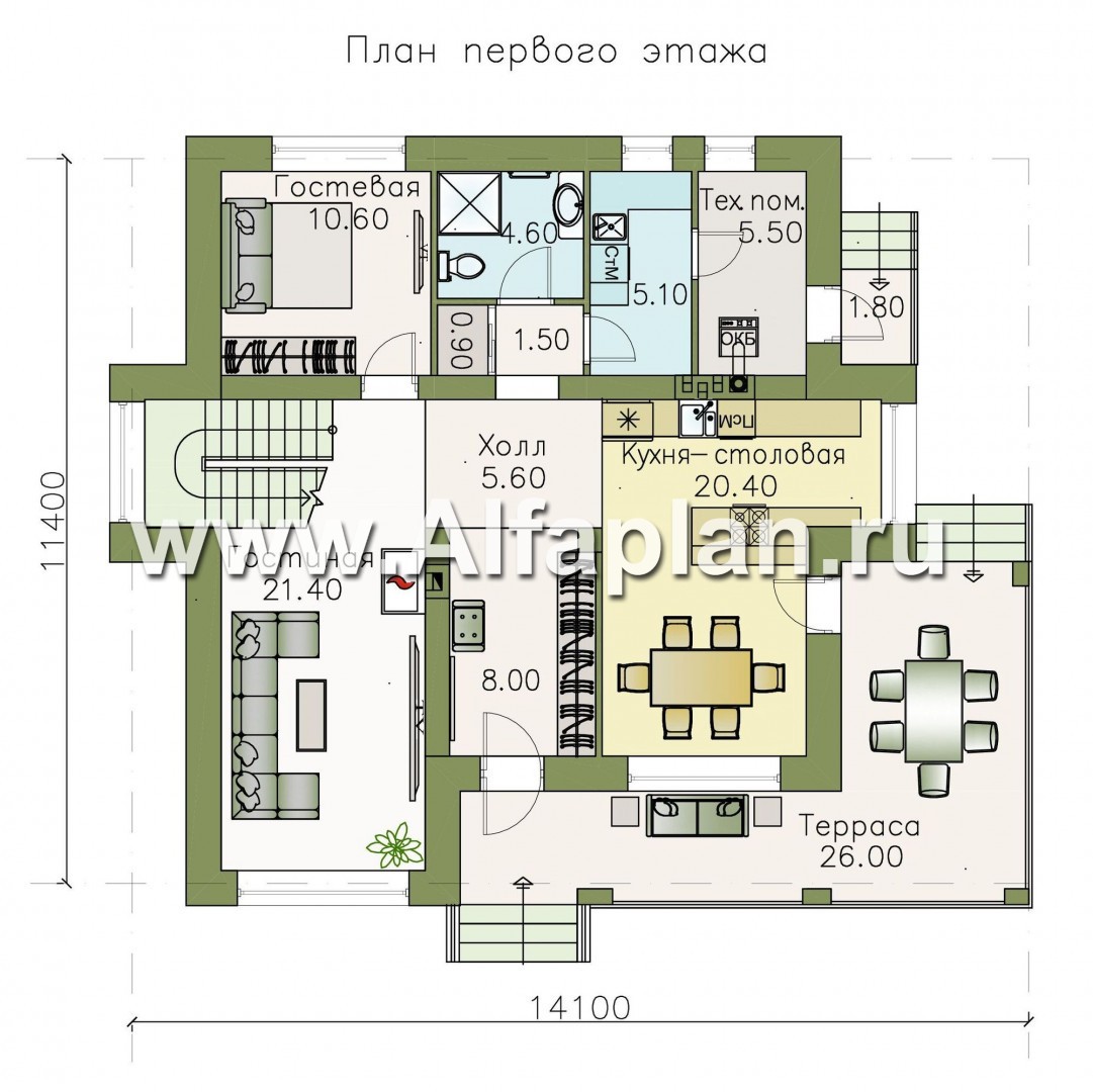 Проекты домов Альфаплан - «Роман с камнем» — двухэтажный коттедж, со скрытой установкой ролет на окнах 1-го этажа - план проекта №1