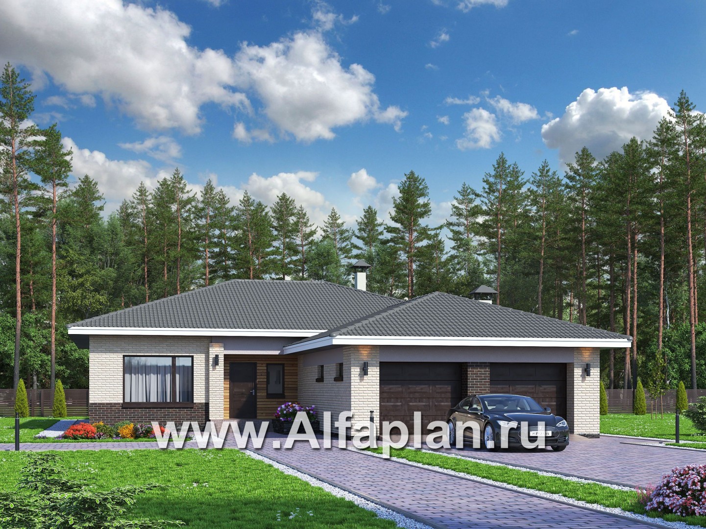 Проекты домов Альфаплан - «Зодиак» - одноэтажный коттедж с большим гаражом - основное изображение