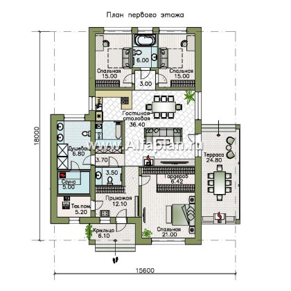 Проекты домов Альфаплан - «Юкон» - проект просторного одноэтажного дома с террасой - превью плана проекта №1