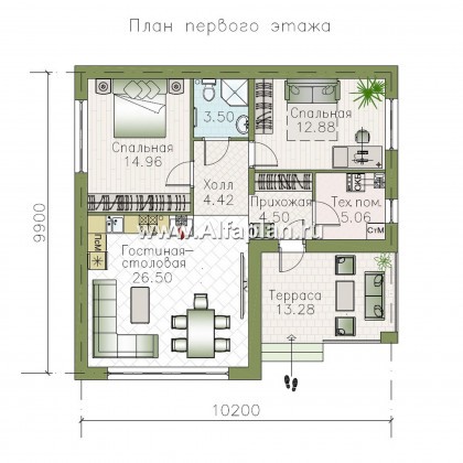Проекты домов Альфаплан - «Дега» - стильный  проект одноэтажного дома с двумя спальнями - превью плана проекта №1