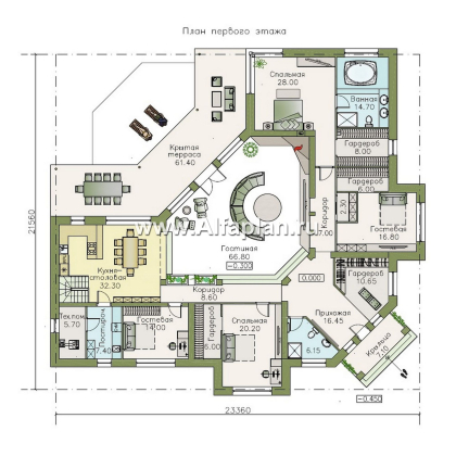 Проекты домов Альфаплан - «Модуль» — одноэтажный дом с диагональным планом, 4 спальни - превью плана проекта №1