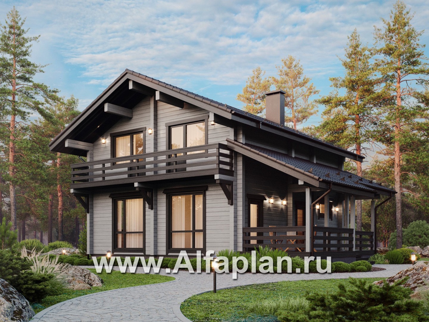Проекты домов Альфаплан - Загородный дом из бруса с двускатной кровлей - основное изображение