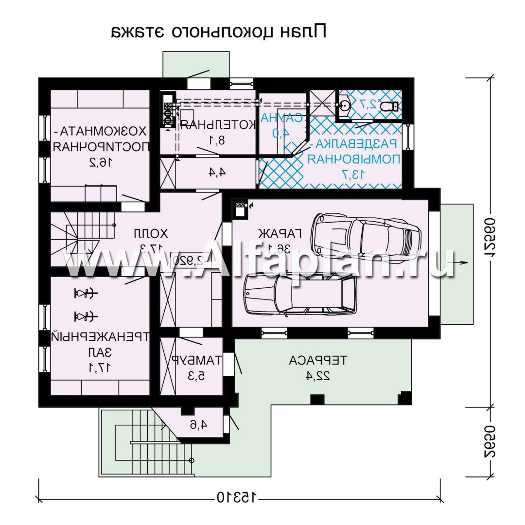 Проекты домов Альфаплан - "Традиция" - дом из бревен с гаражом в цокольном этаже из камня - изображение плана проекта №1