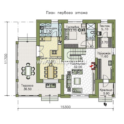 Проекты домов Альфаплан - "Вермеер" - проект двухэтажного дома с лестницей в гостиной - превью плана проекта №1