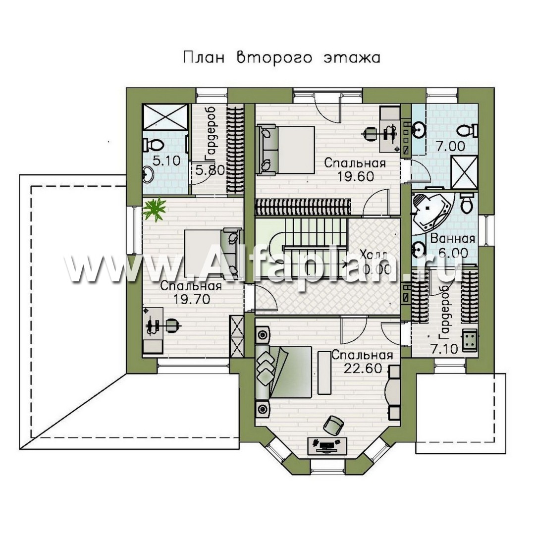 Проекты домов Альфаплан - "Вермеер" - проект двухэтажного дома с эркером и лестницей в гостиной - изображение плана проекта №2