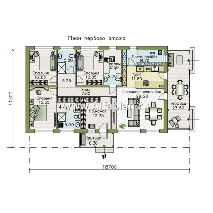 «Золотые поля»- проект одноэтажного дома, планировка мастер спальня и две детских, с террасой и двускатной крышей - превью план дома