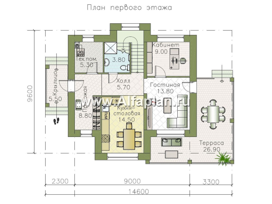 «Пифагор» - проект двухэтажного дома с мансардой, с террасой, в современном стиле для узкого участка - превью план дома