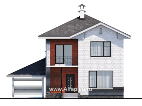 Проекты домов Альфаплан - Кирпичный дом «Серебро» с навесом для машины - превью фасада №1