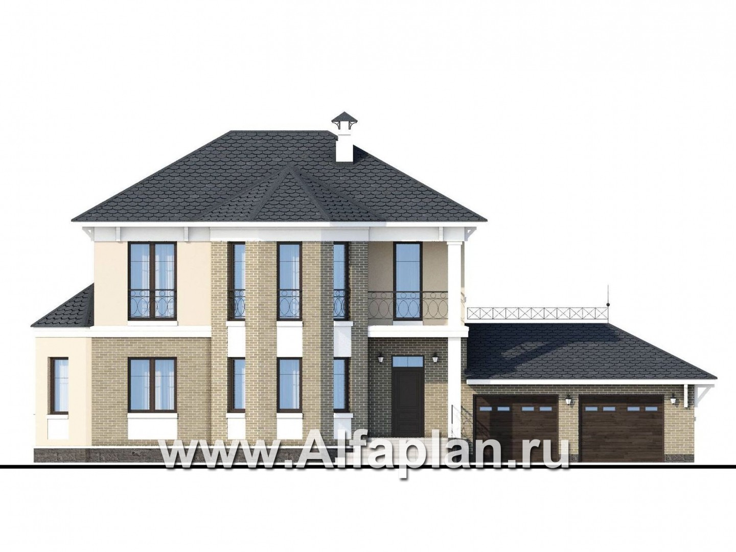 Проекты домов Альфаплан - «Классика» - двухэтажный особняк с эркером и гаражом на два автомобиля - изображение фасада №1