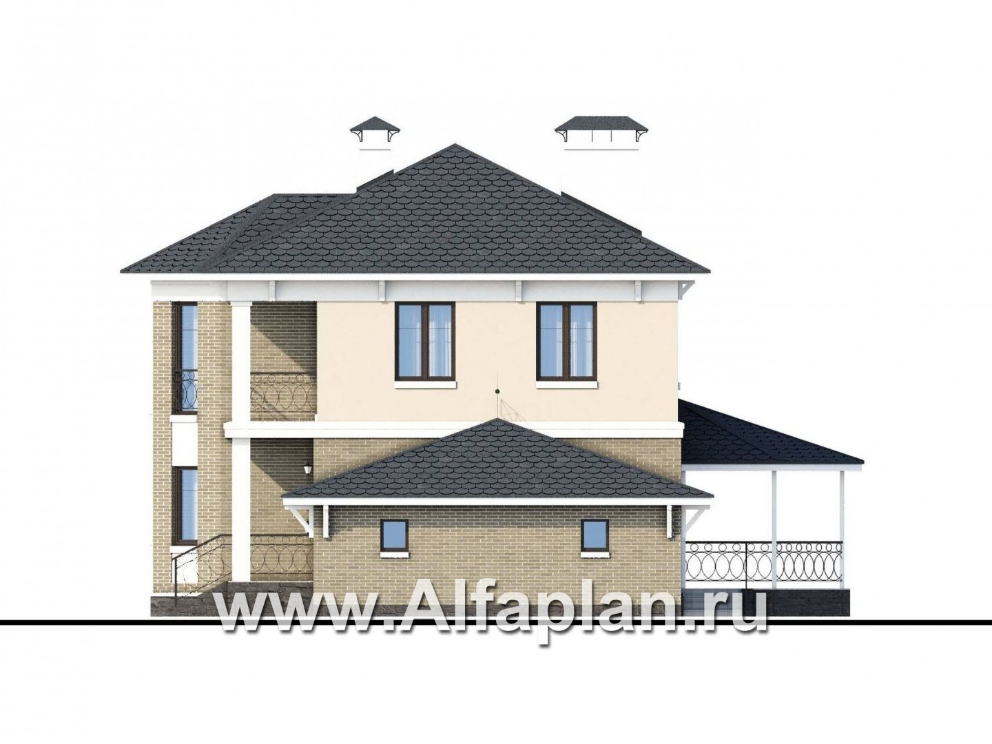 Проекты домов Альфаплан - «Классика» - двухэтажный особняк с эркером и гаражом на два автомобиля - изображение фасада №4