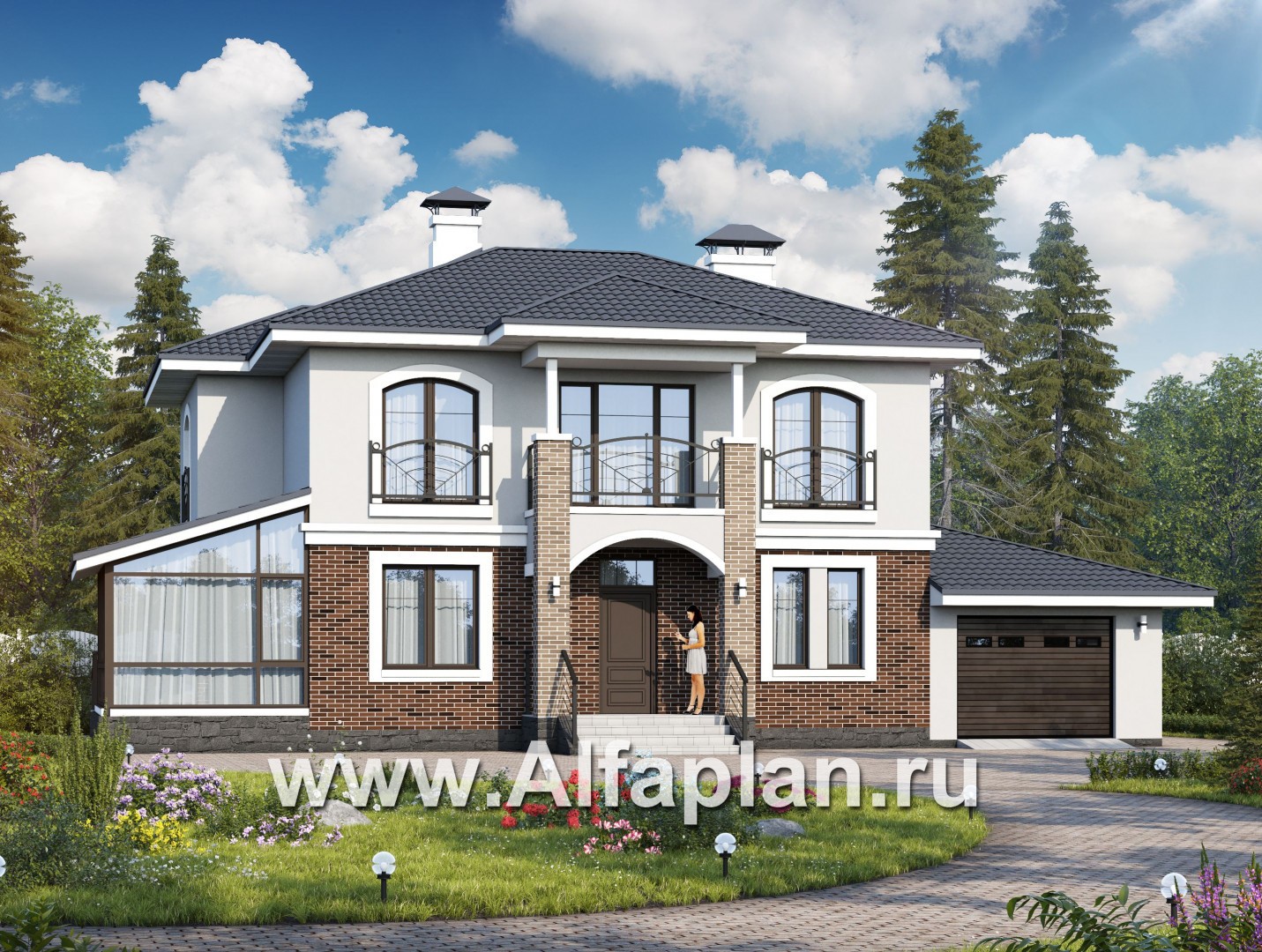 Проекты домов Альфаплан - Респектабельный коттедж с гаражом и верандой - основное изображение