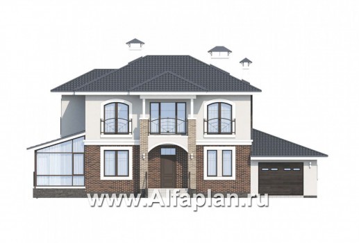 Проекты домов Альфаплан - Респектабельный коттедж с гаражом и верандой - превью фасада №1