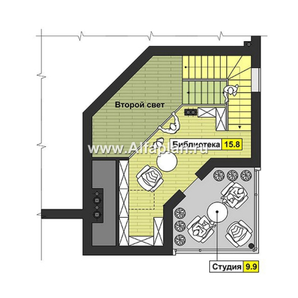 Проекты домов Альфаплан - Оригинальный коттедж с угловым входом - превью плана проекта №3