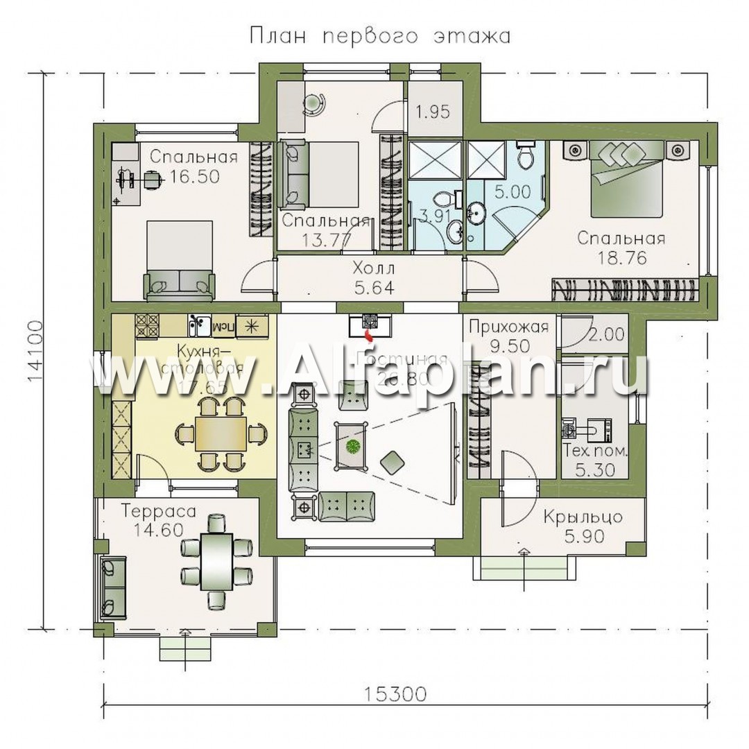 Проекты домов Альфаплан - «Эрато» - современный одноэтажный коттедж с террасой - изображение плана проекта №1