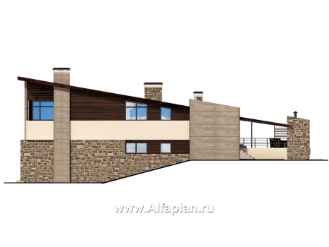 Проект двухэтажного дома, с террасой и навесом на 2 авто, для участка с рельефом, в современном стиле - превью фасада дома
