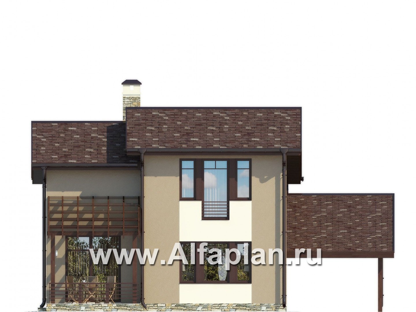 Проекты домов Альфаплан - Небольшой современный каркасный дом с навесом для машины - изображение фасада №3
