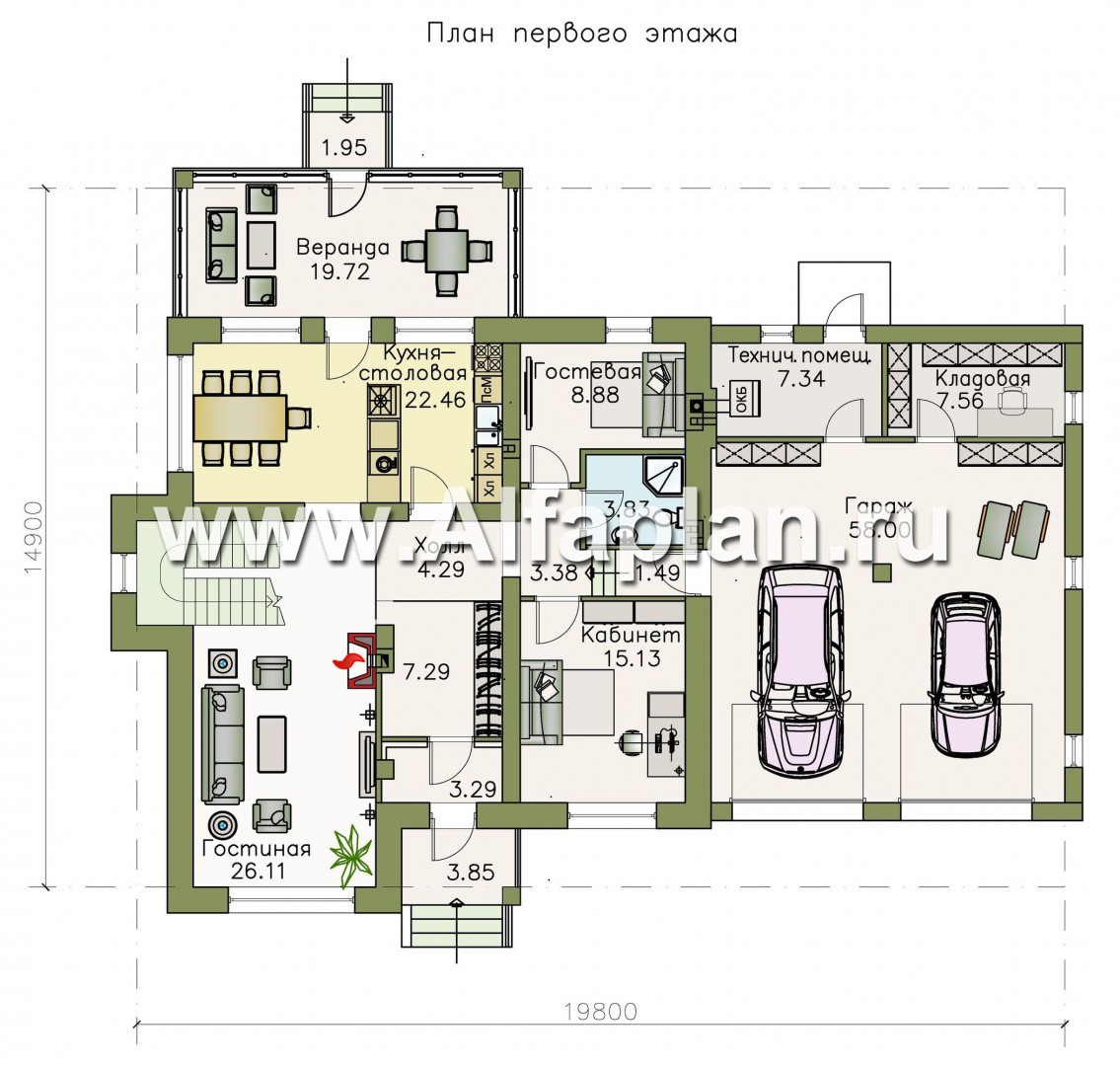 Проекты домов Альфаплан - «Традиция» - комфортабельный коттедж с гаражом на два автомобиля - план проекта №1