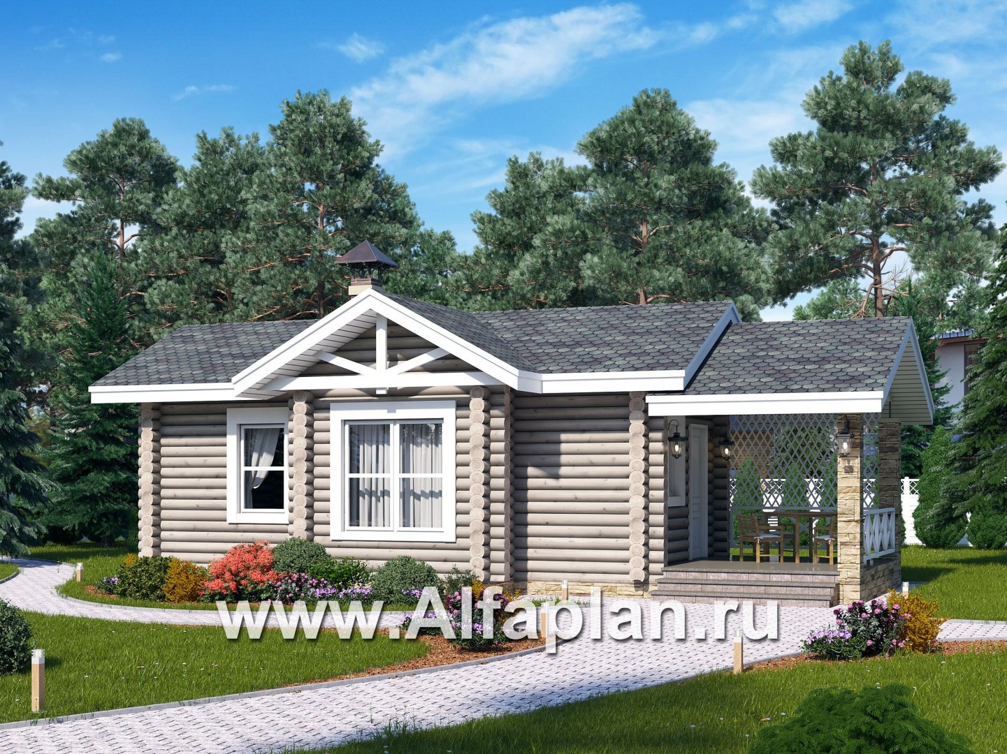 Проекты домов Альфаплан - Уютная одноэтажная деревянная баня с крытой террасой - основное изображение