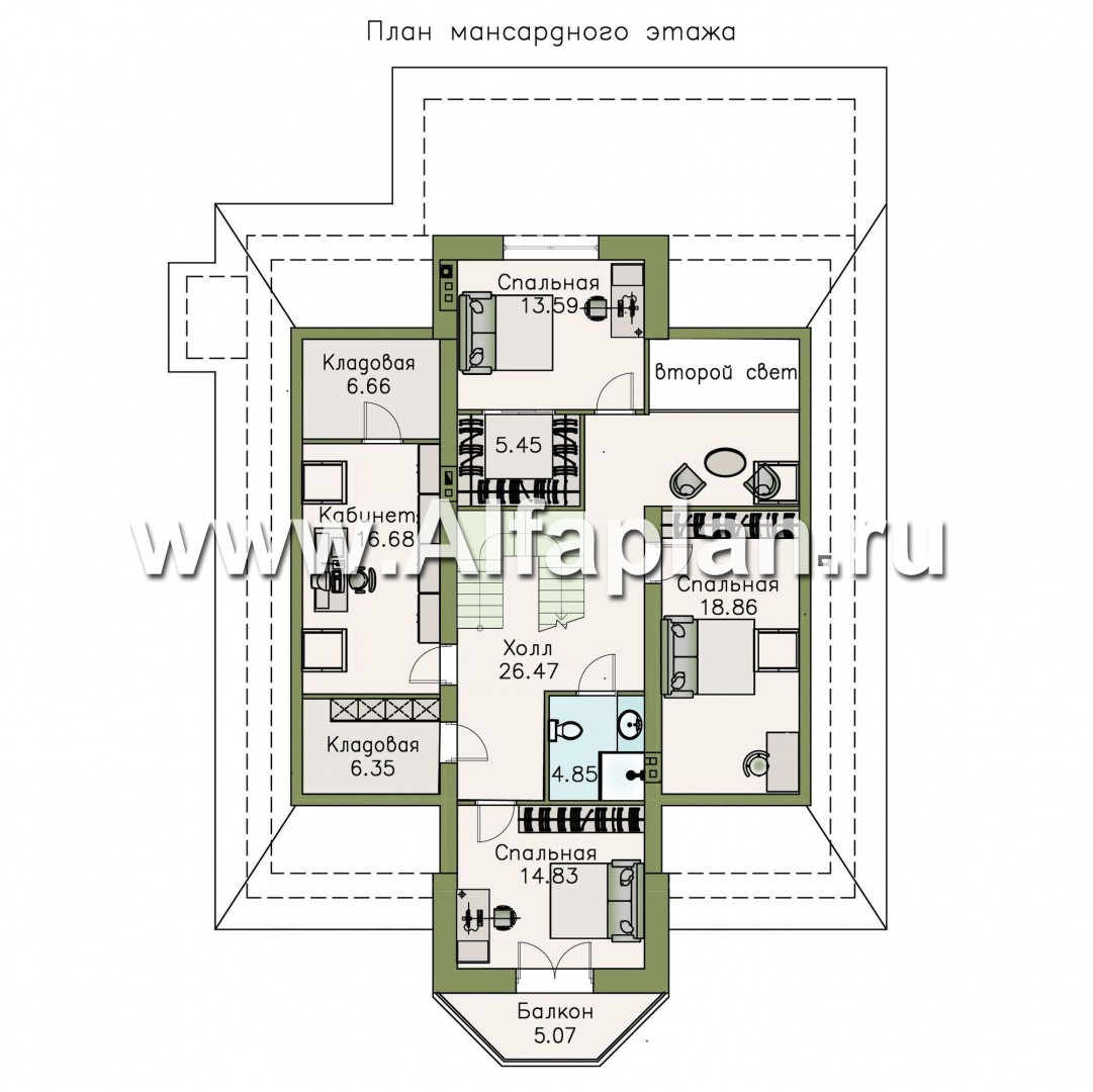 Проекты домов Альфаплан - «Валдай»- мансардный дом с красивым эркером и террасой - план проекта №2
